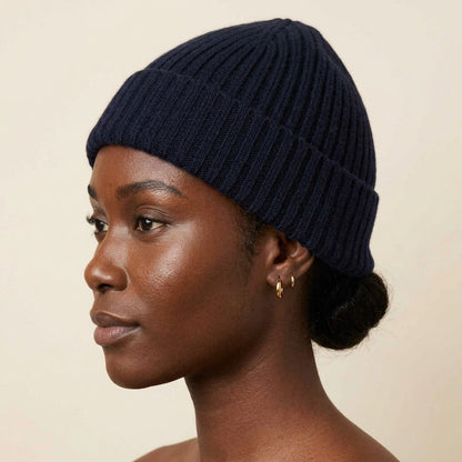 WRNV Women's Cashmere Beanie - Haven Ribbed Navy 5
