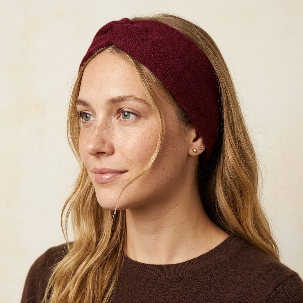 Gomba twisted-front cashmere headband in Wine Red, worn, view 2