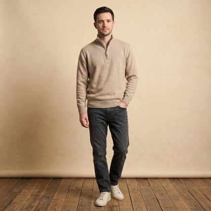 Men's undyed cashmere quarter-zip sweater, Executive in Oatmeal Melange - view 3