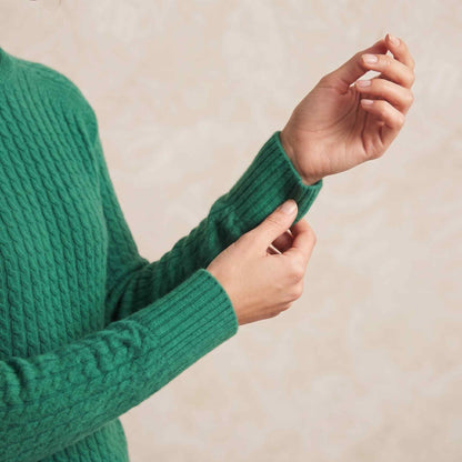 Women's cable-knit cashmere crewneck sweater, Grace in Kelly Green - view 3