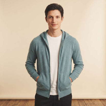 Original Kora Zip Himalayan Cashmere Hoodie For Men in Heathered Jade — Himalayan cashmere, view 1