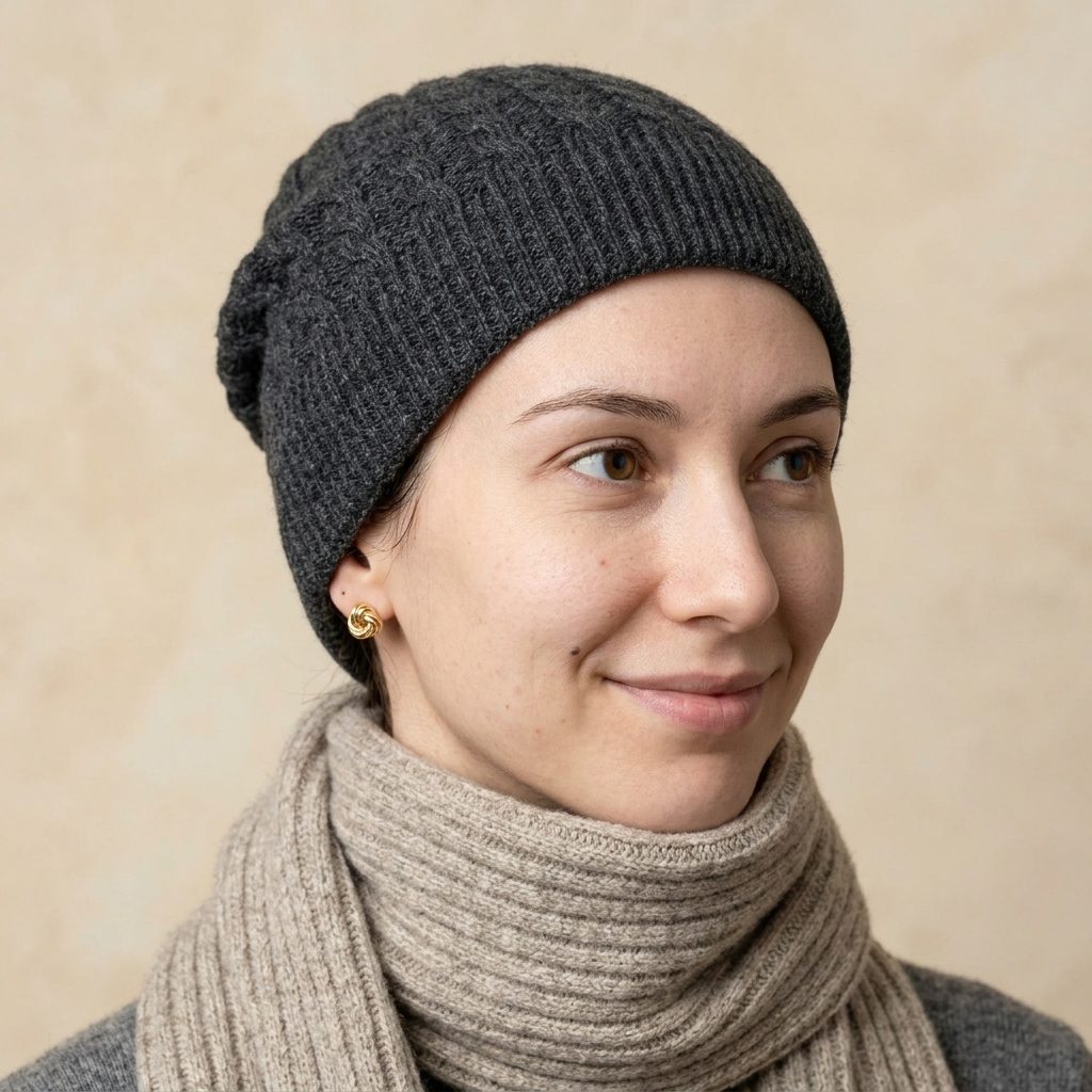 WCDM Women's Undyed Cashmere Beanie - Heritage Cable Knit Dark Grey Melange 5