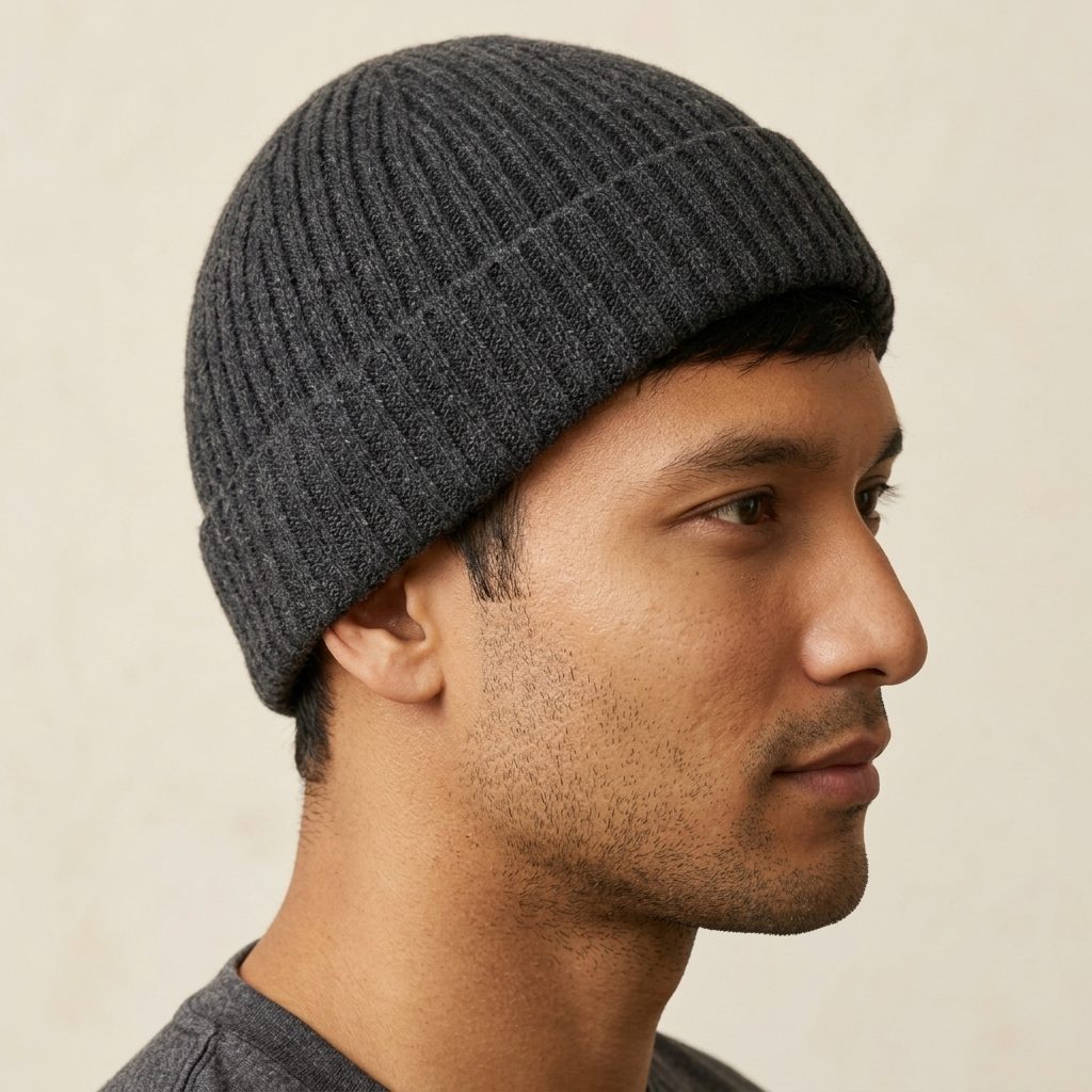 HRDM Men's Undyed Cashmere Beanie - Haven Ribbed Dark Grey Melange 5
