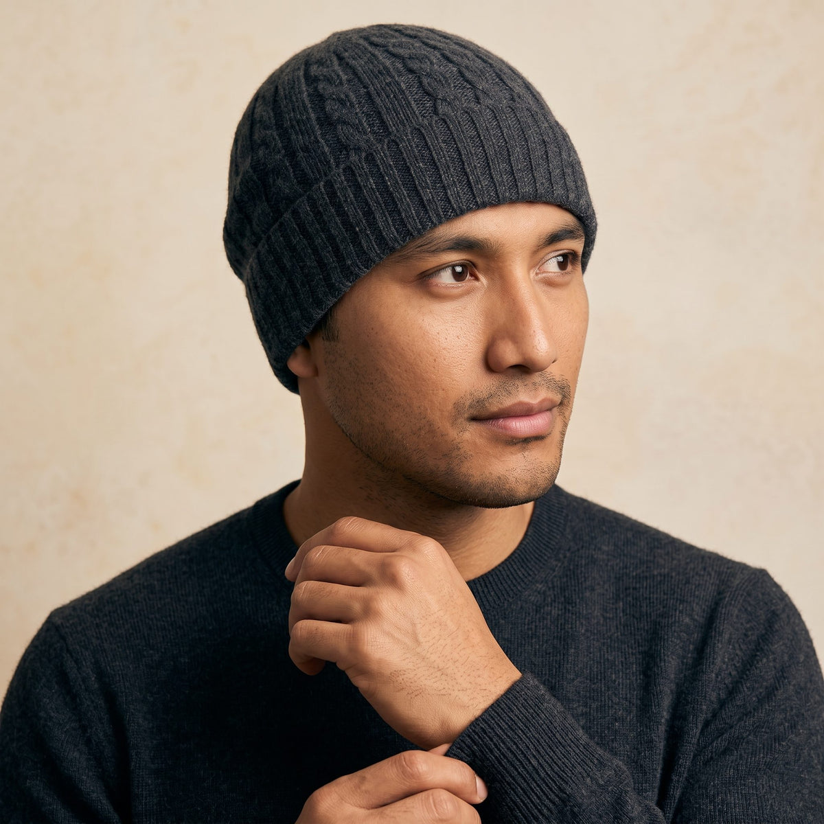 HCDM Men's Undyed Cashmere Beanie - Heritage Cable Knit Dark Grey Melange 5