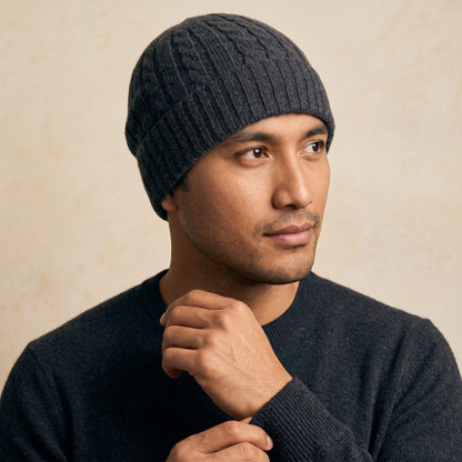 HCDM Men's Undyed Cashmere Beanie - Heritage Cable Knit Dark Grey Melange 5