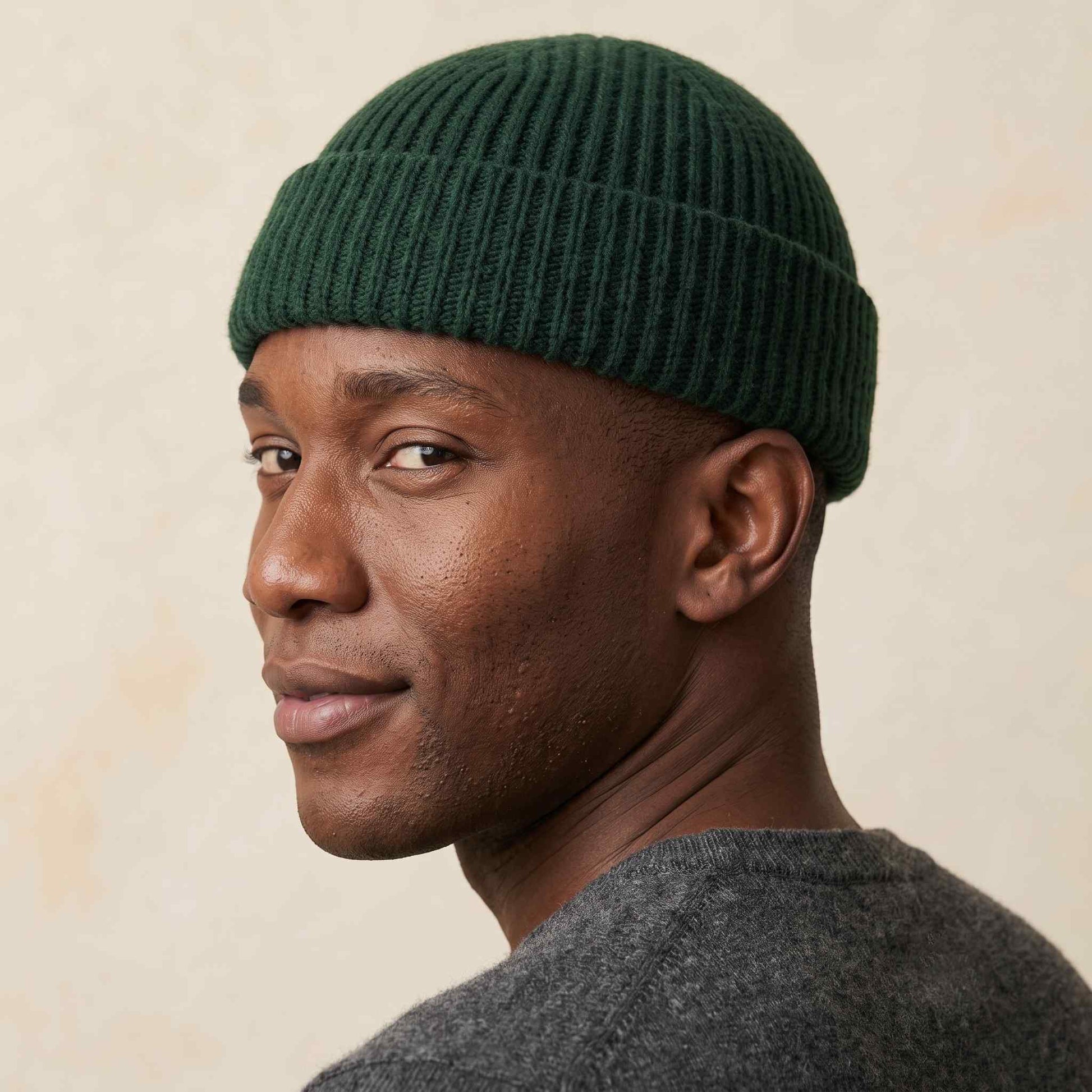 Men's hand-knit ribbed cashmere beanie, Noma in Pine - view 4