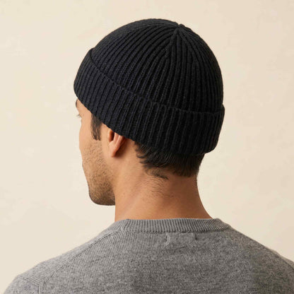 Men's hand-knit ribbed cashmere beanie, Noma in Deep Onyx - view 3
