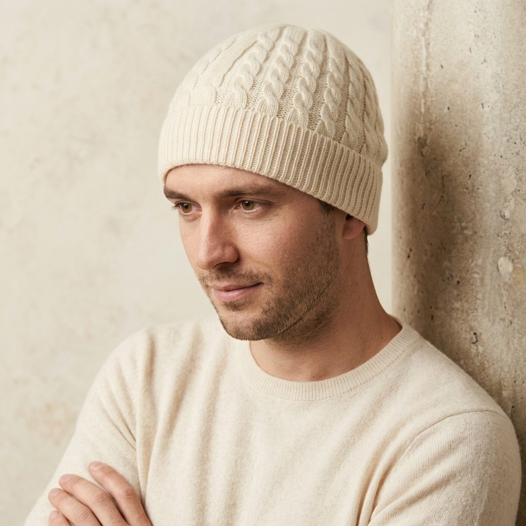 HCOW Men's Cashmere Beanie - Heritage Cable Knit Off-White 5