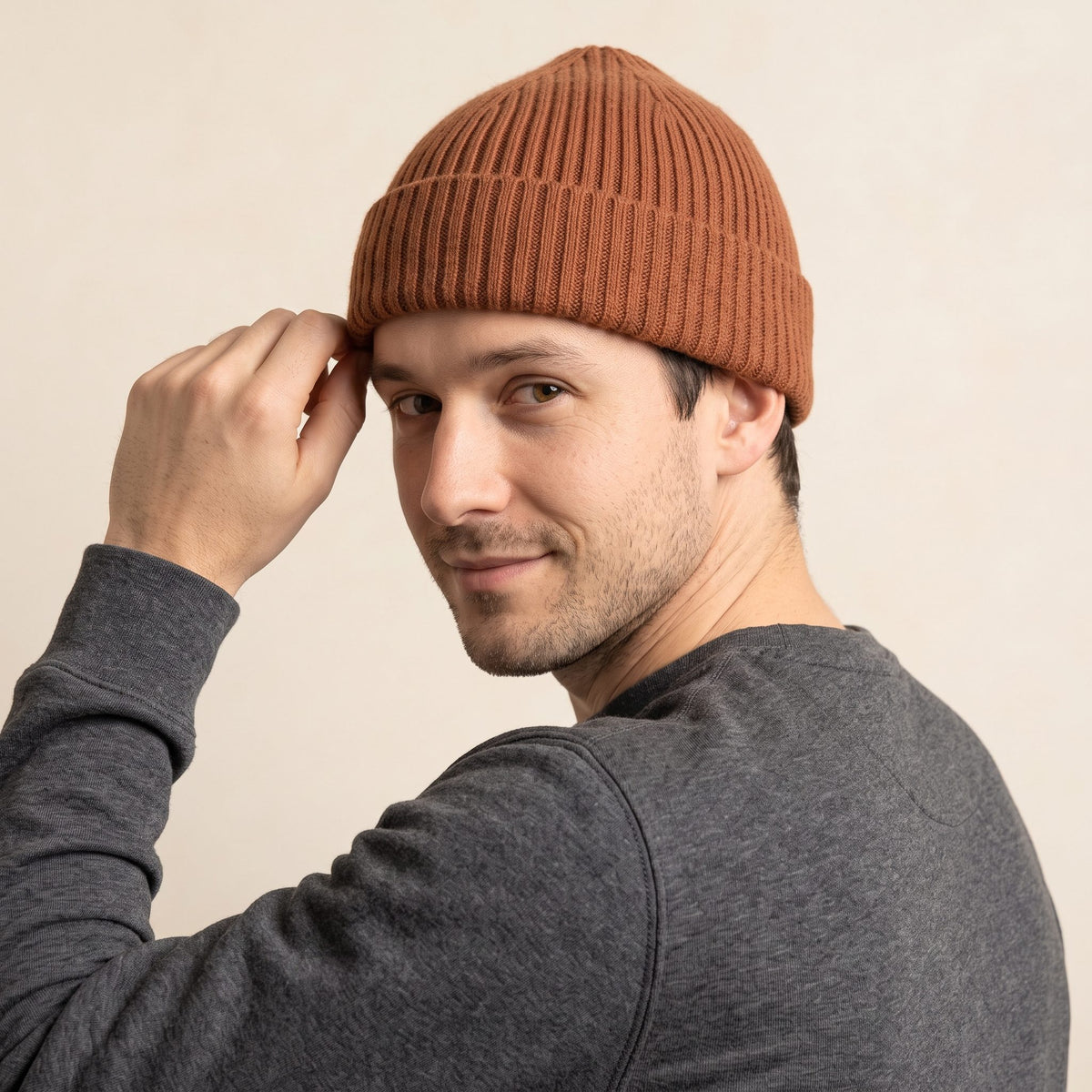 HAB03 Men's Cashmere Beanie - Haven Ribbed Amber 5