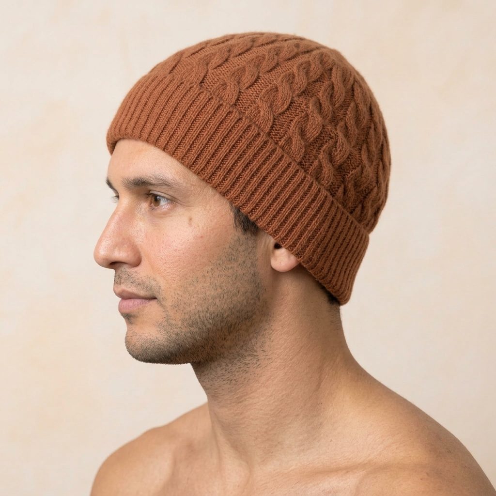 HAB04 Men's Cashmere Beanie - Heritage Cable Knit Amber 5