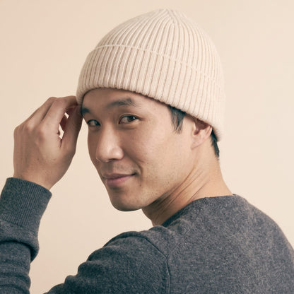 HROW Men's Cashmere Beanie - Haven Ribbed Off-White 5