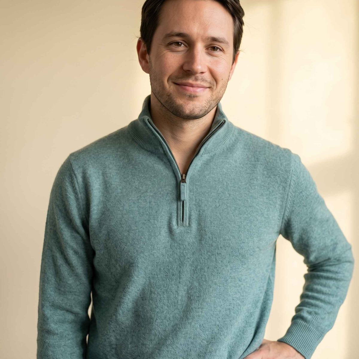 Men's cashmere half-zip sweater, Embrace in Heathered Jade - view 2