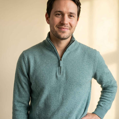 Men's cashmere half-zip sweater, Embrace in Heathered Jade - view 2