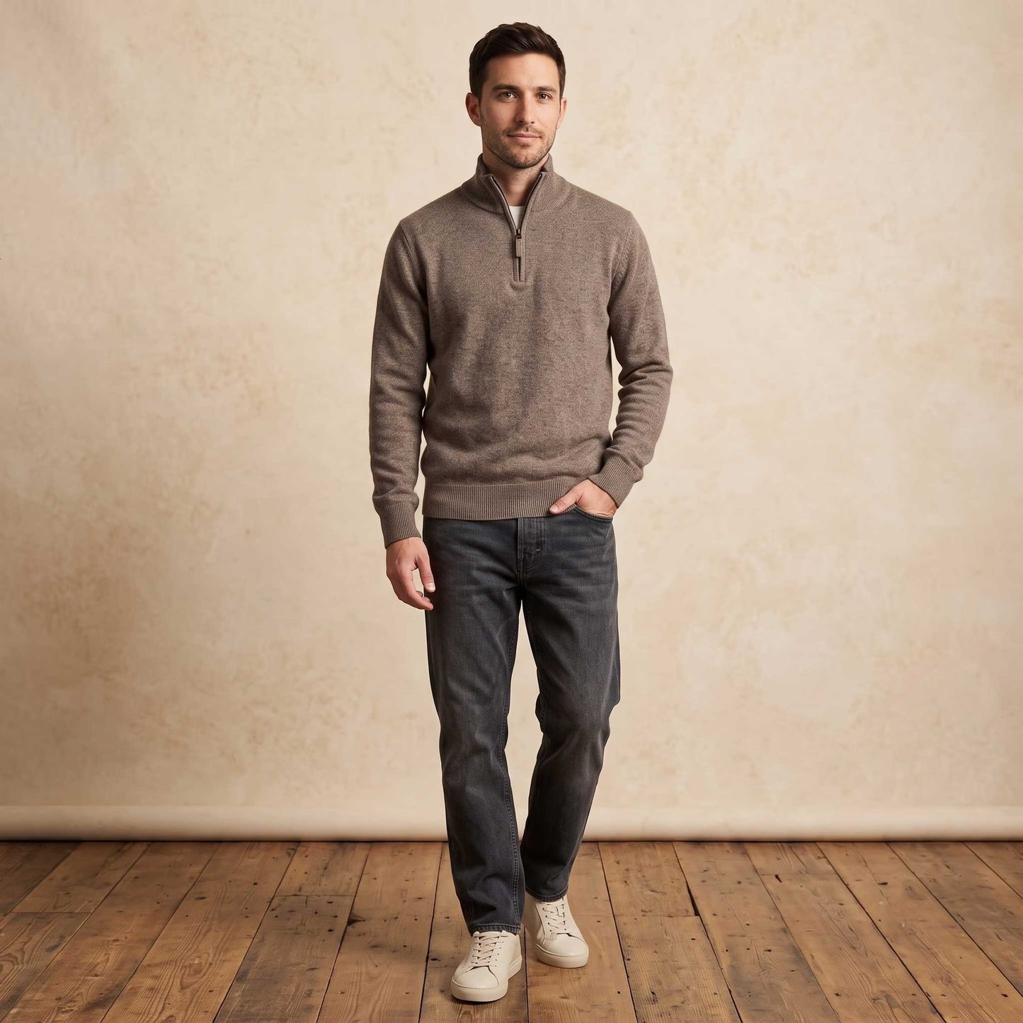Men's undyed cashmere quarter-zip sweater, Executive in Toast Melange - view 1