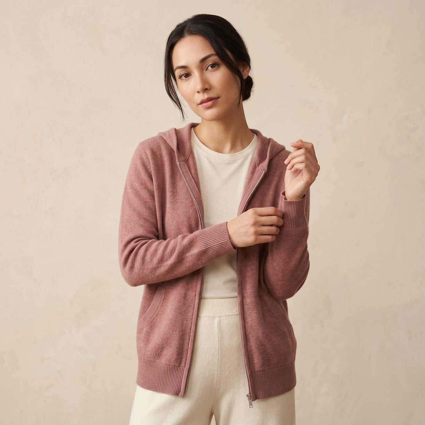 100% Cashmere Women's Zip Hoodie — 12-Gauge 2-Ply 16-Micron Himalayan Cashmere