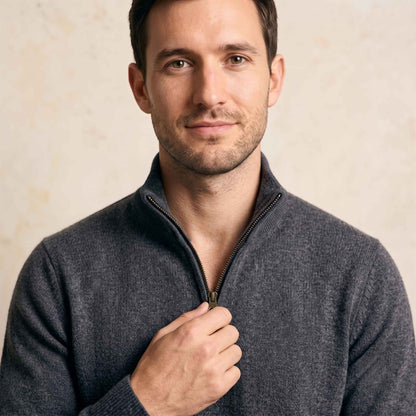 Men's undyed cashmere quarter-zip sweater, Executive in Dark Grey Melange - view 1