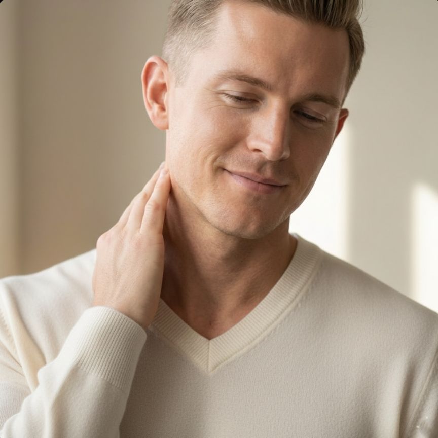 Man wearing a light-colored sweater against a neutral background