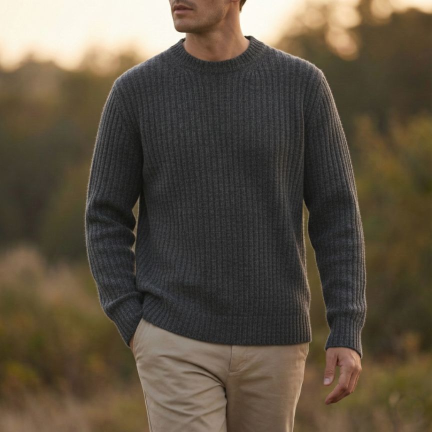 Man wearing a dark gray sweater and beige pants standing in a natural setting with blurred background