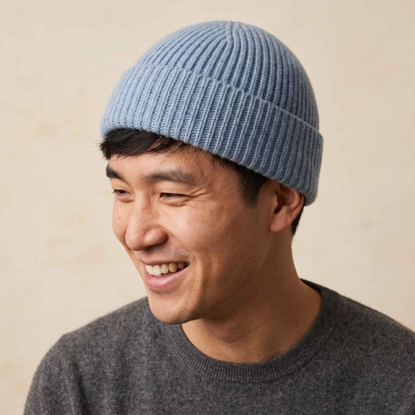 Men's hand-knit ribbed cashmere beanie, Noma in Sky Blue - view 4