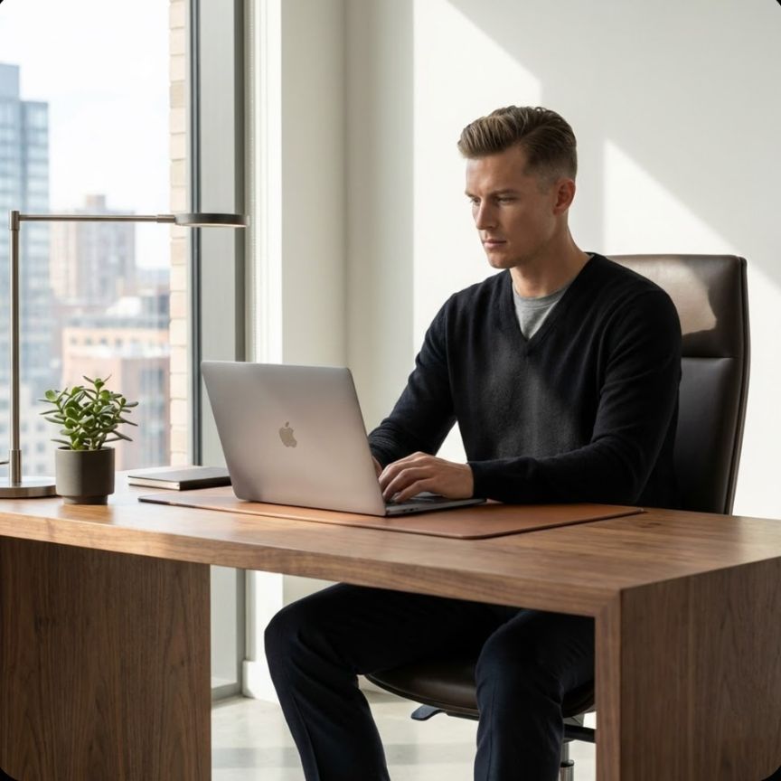Man using a laptop at a desk in a modern office setting