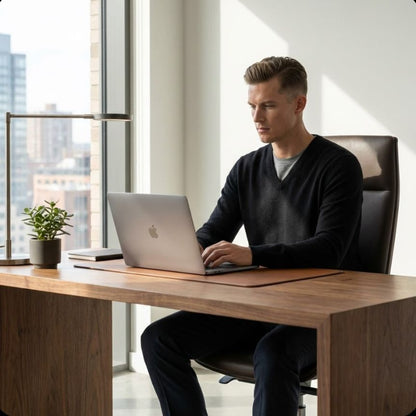 Man using a laptop at a desk in a modern office setting