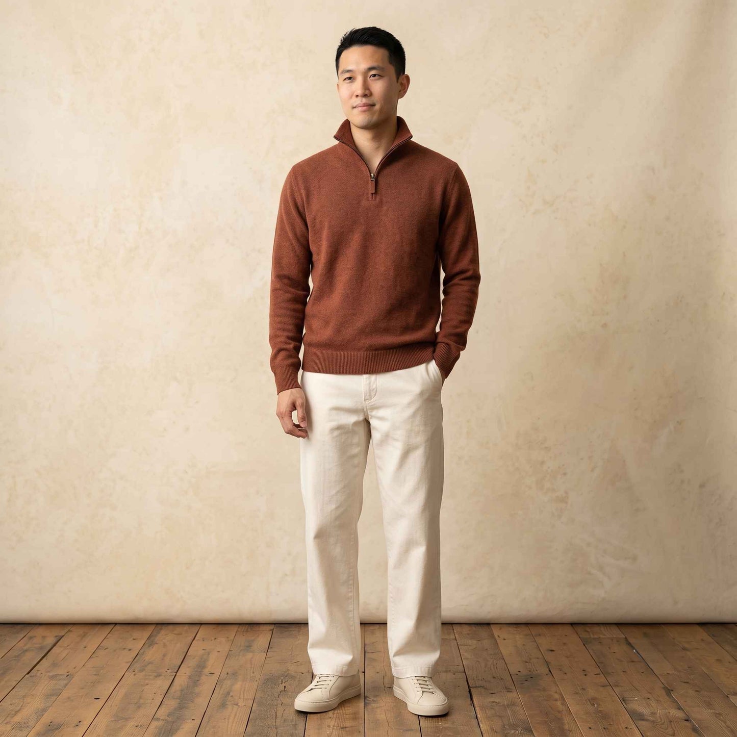 Men's cashmere half-zip sweater, Embrace in Amber - view 2