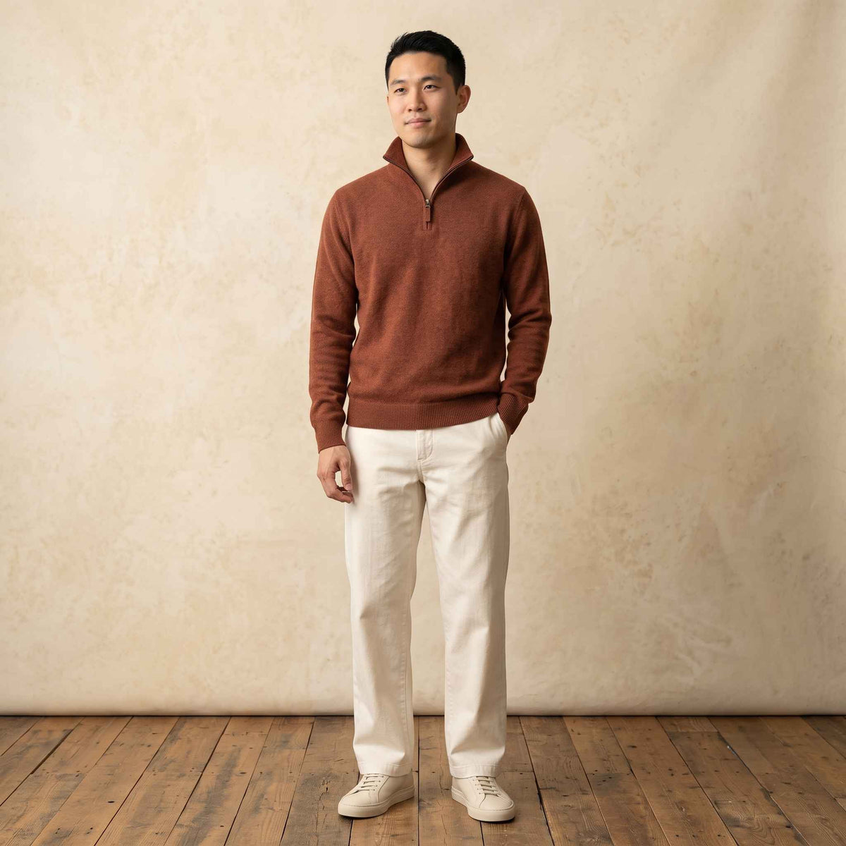 Men's cashmere half-zip sweater, Embrace in Amber - view 2