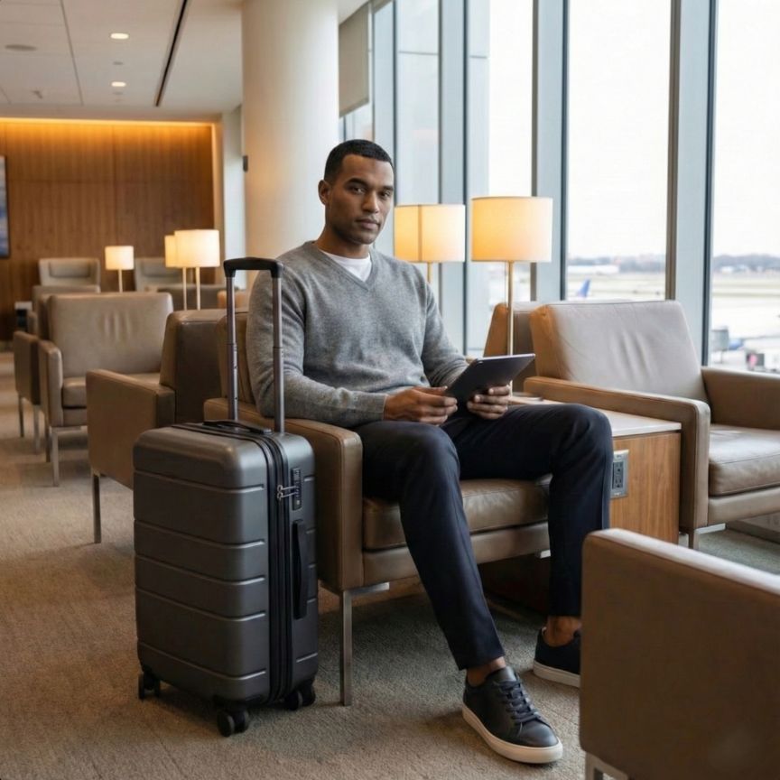 Man sitting in an airport lounge with a suitcase and tablet