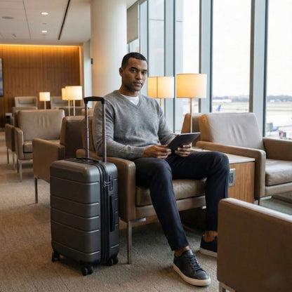 Man sitting in an airport lounge with a suitcase and tablet