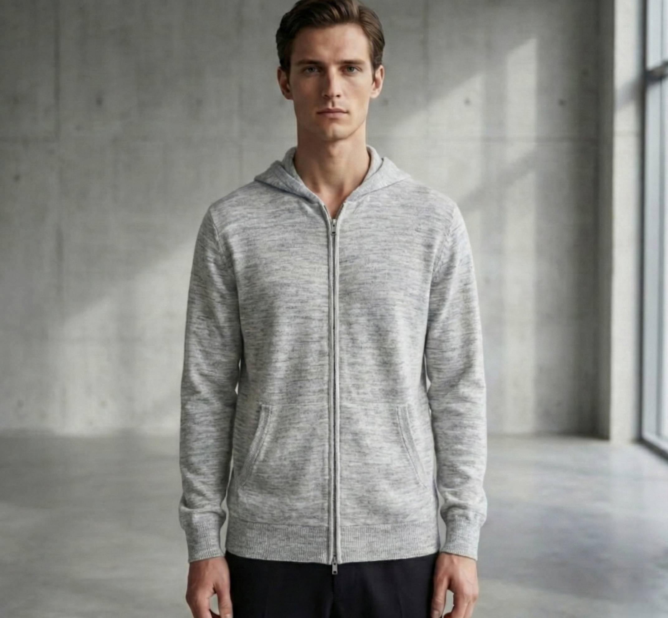The Kora Zip Hoodie | Heavyweight Undyed Cashmere (375g) Light Grey Melange