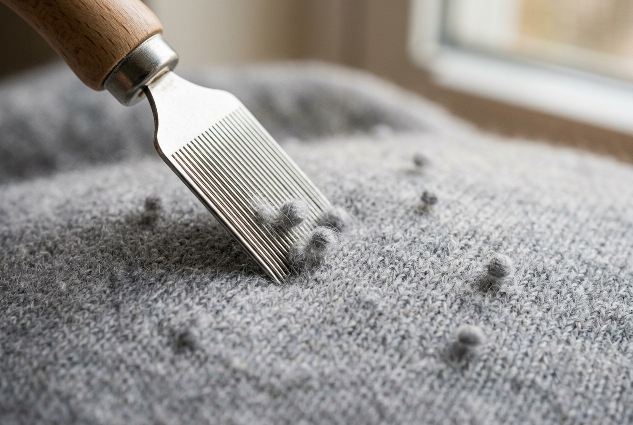 Removing pills from a grey cashmere sweater with a cashmere comb