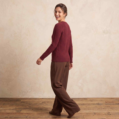 Women's cable-knit cashmere crewneck sweater, Grace in Red Wine - view 5
