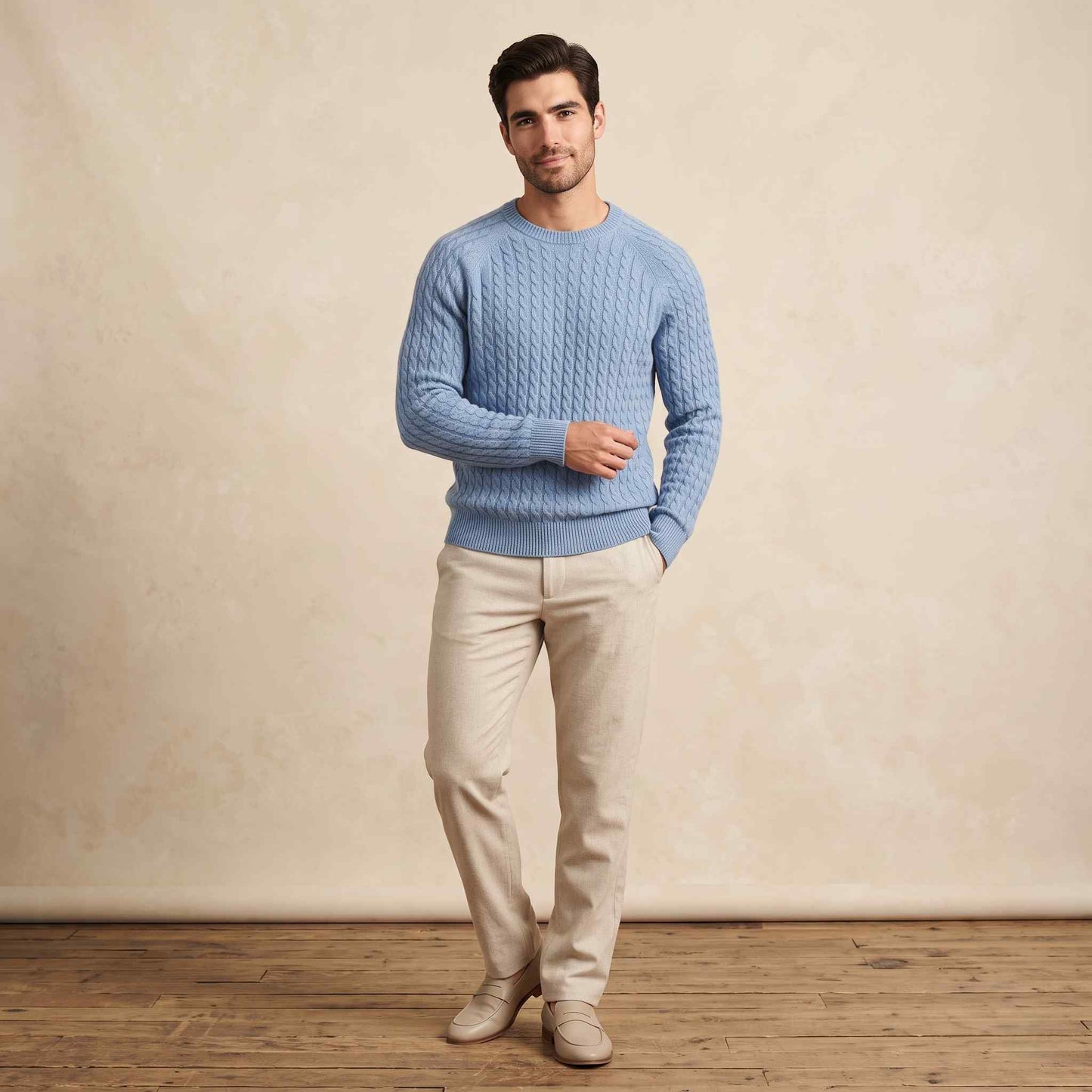 Men's cable-knit cashmere sweater, Atlas in Sky Blue - view 4
