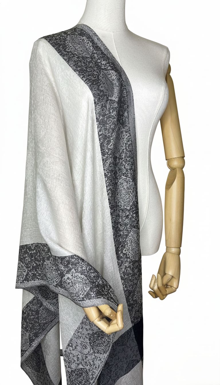 100% Pure Himalayan Cashmere Pashmina Shawl - Signature Neutral & Pattern Collection Moonlight Silver