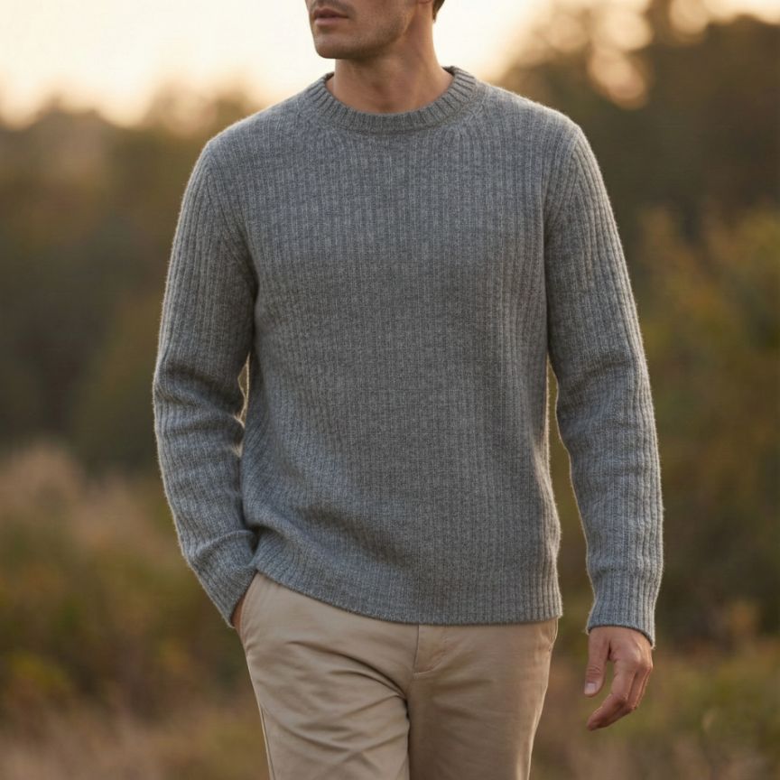Man wearing a gray sweater and beige pants standing in a natural setting with blurred background