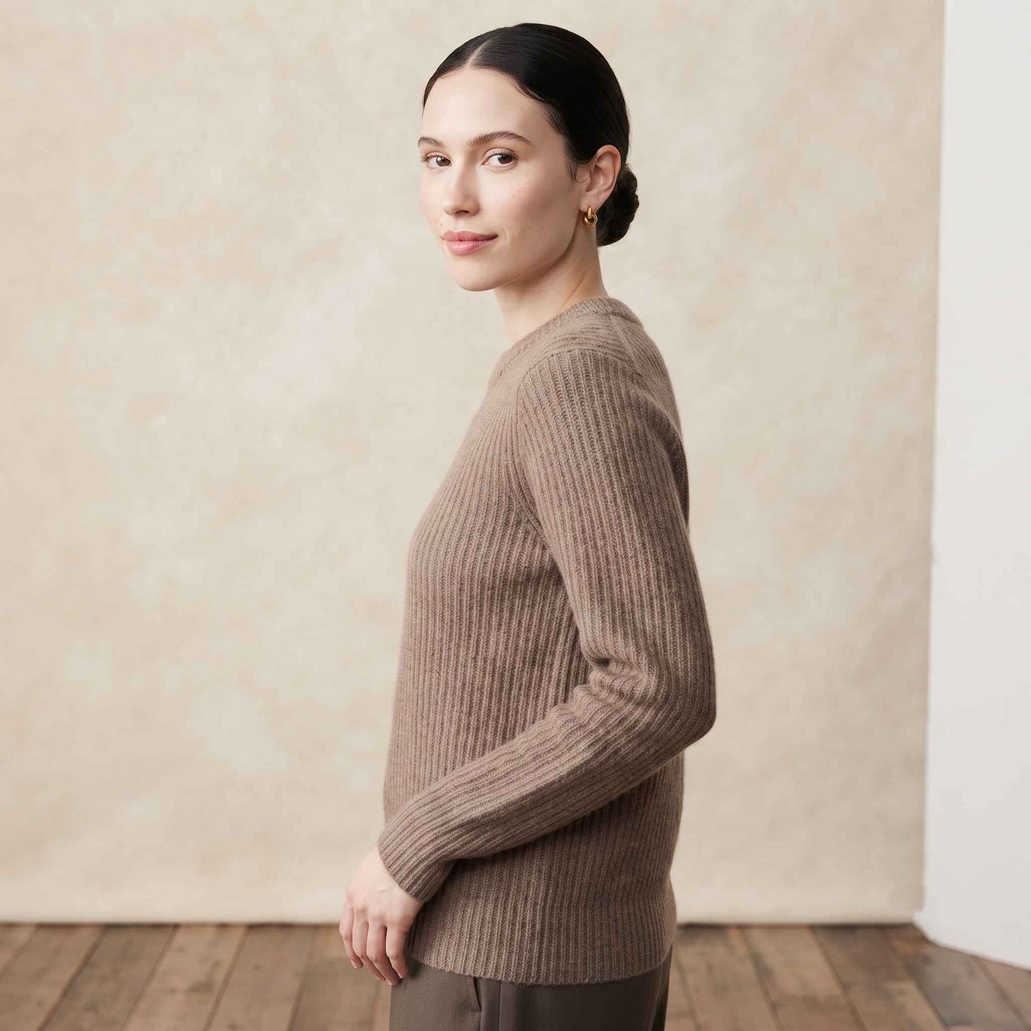 Women's Cashmere Sweater - Ella Ribbed in Toast Melange - view 2