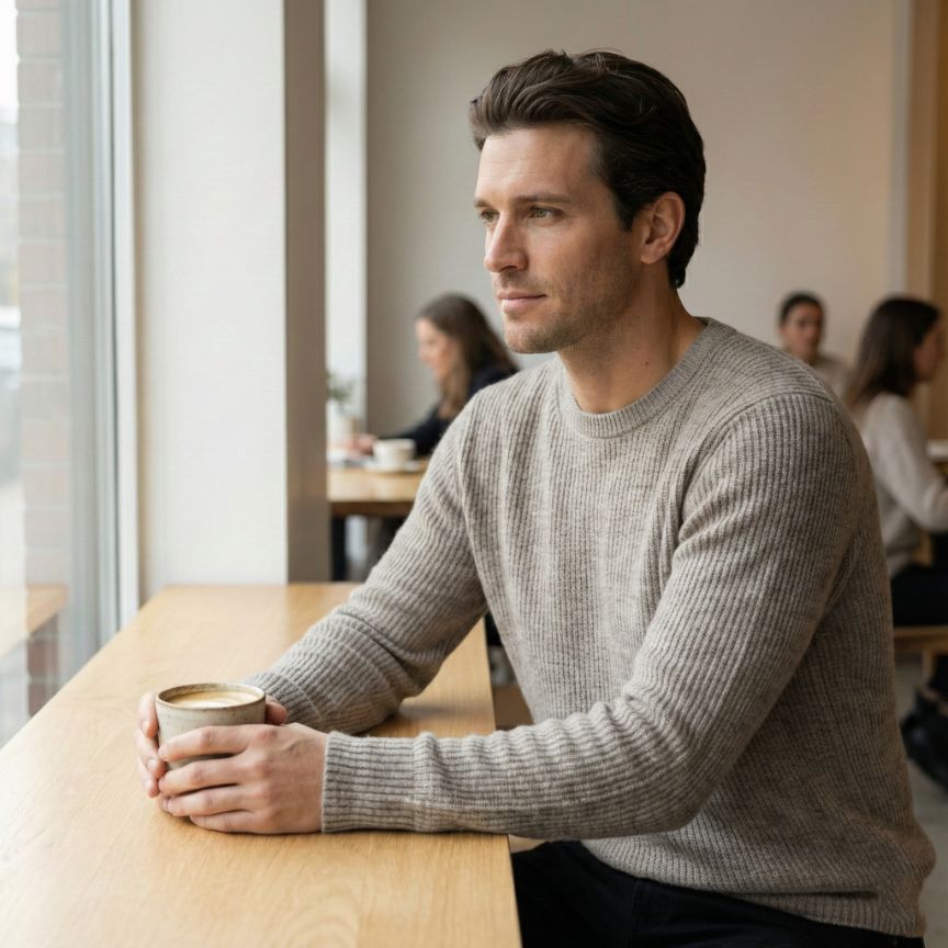 Man sitting at a table holding a coffee cup in a modern cafe.
