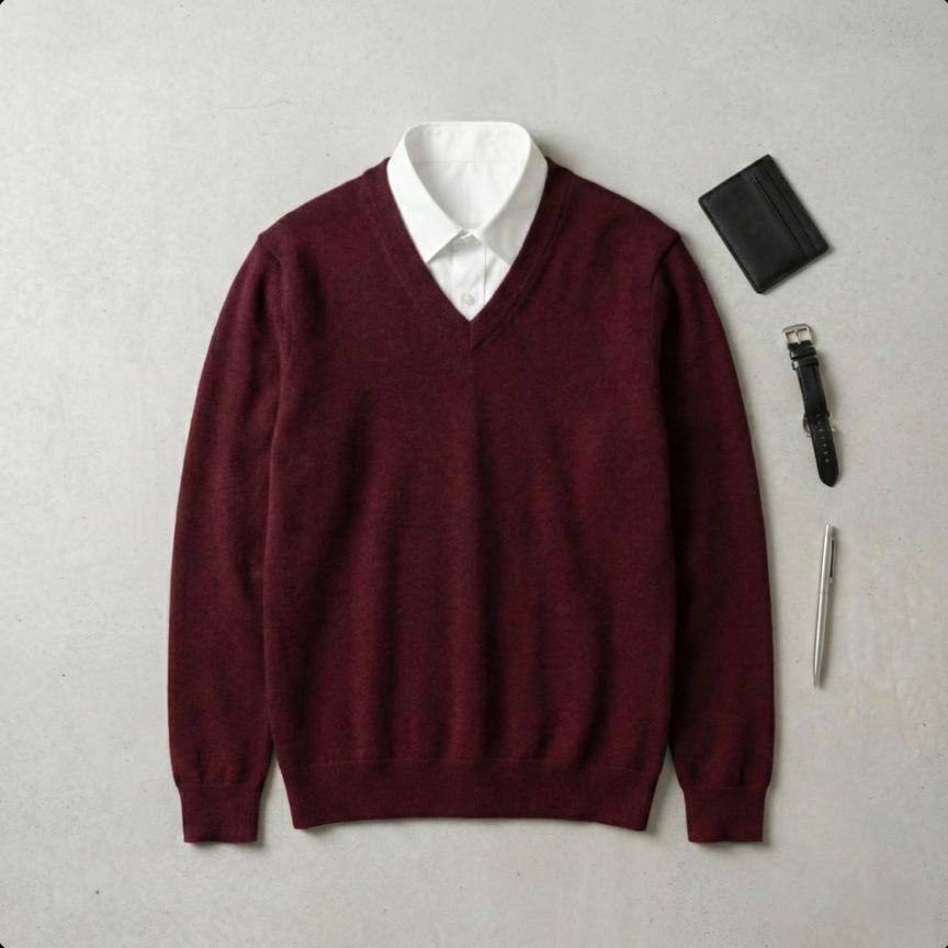 Maroon sweater over a white shirt with a black wallet and pen on a gray background
