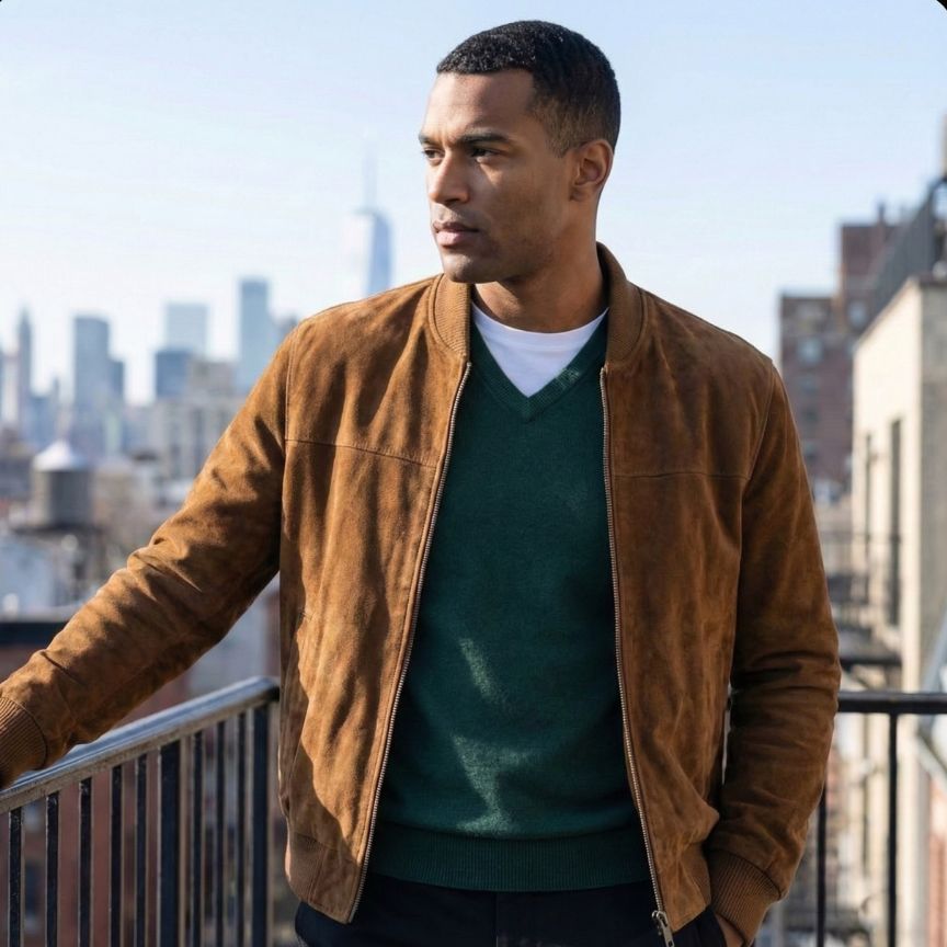 Man wearing a brown jacket and green shirt on a rooftop with city skyline in the background