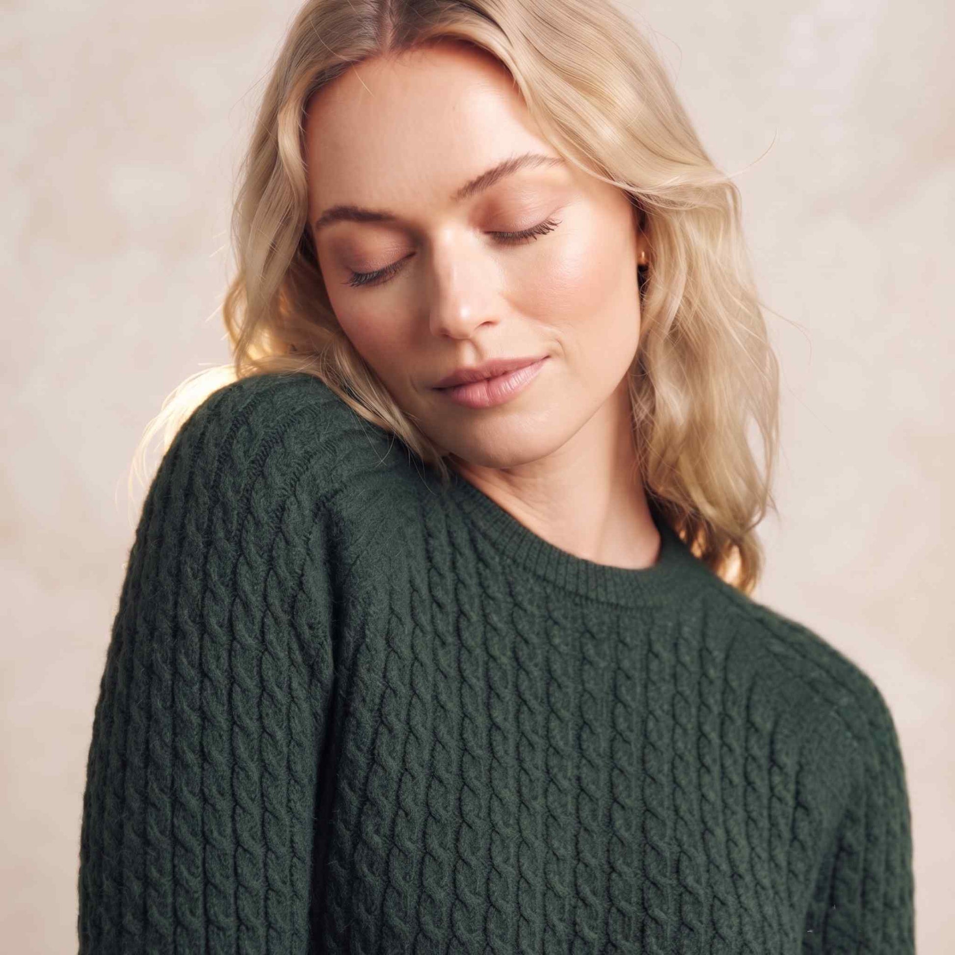 Women's cable-knit cashmere crewneck sweater, Grace in Pine - view 1