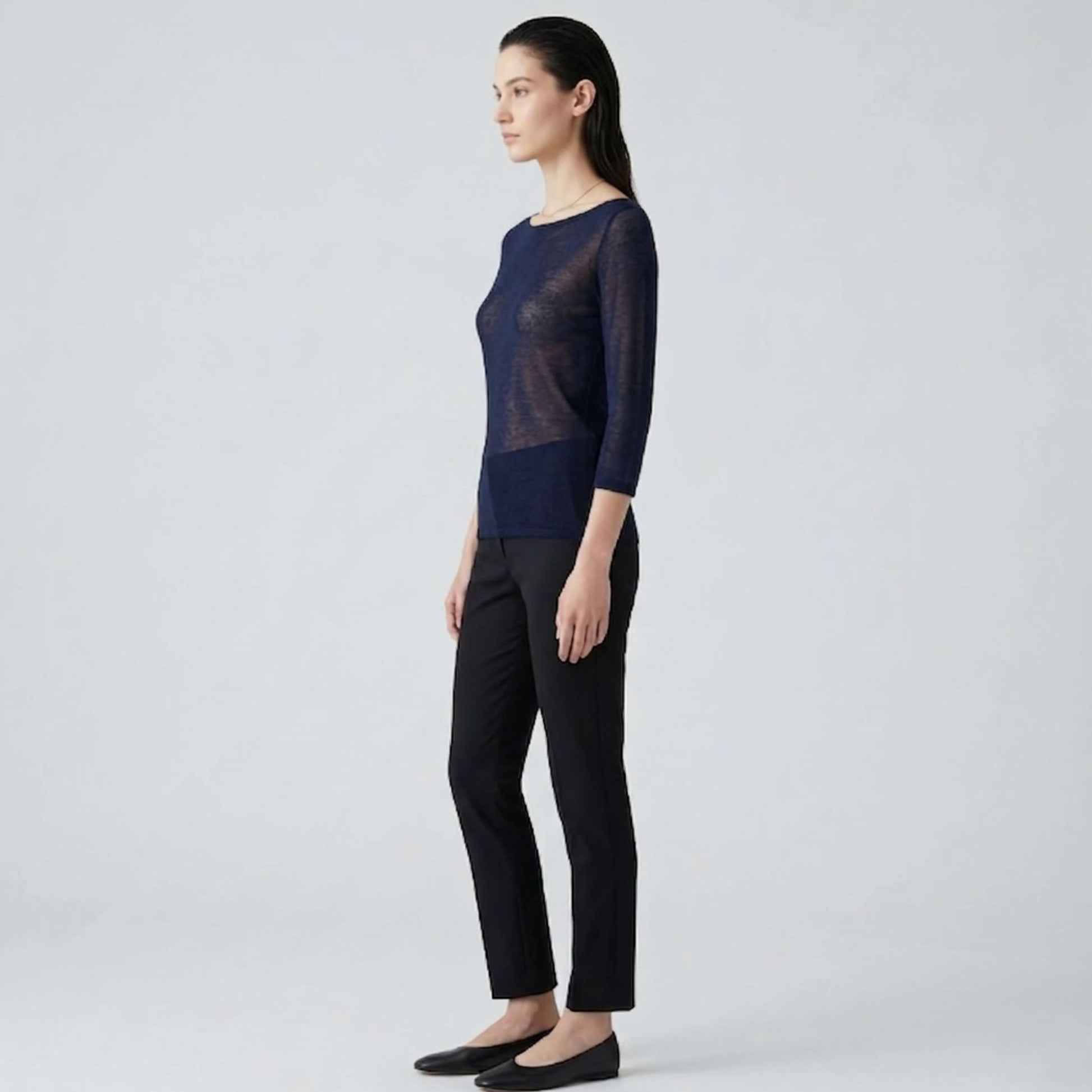 Pure Cashmere Gossamer Boatneck Top With 3/4 Sleeve For Women