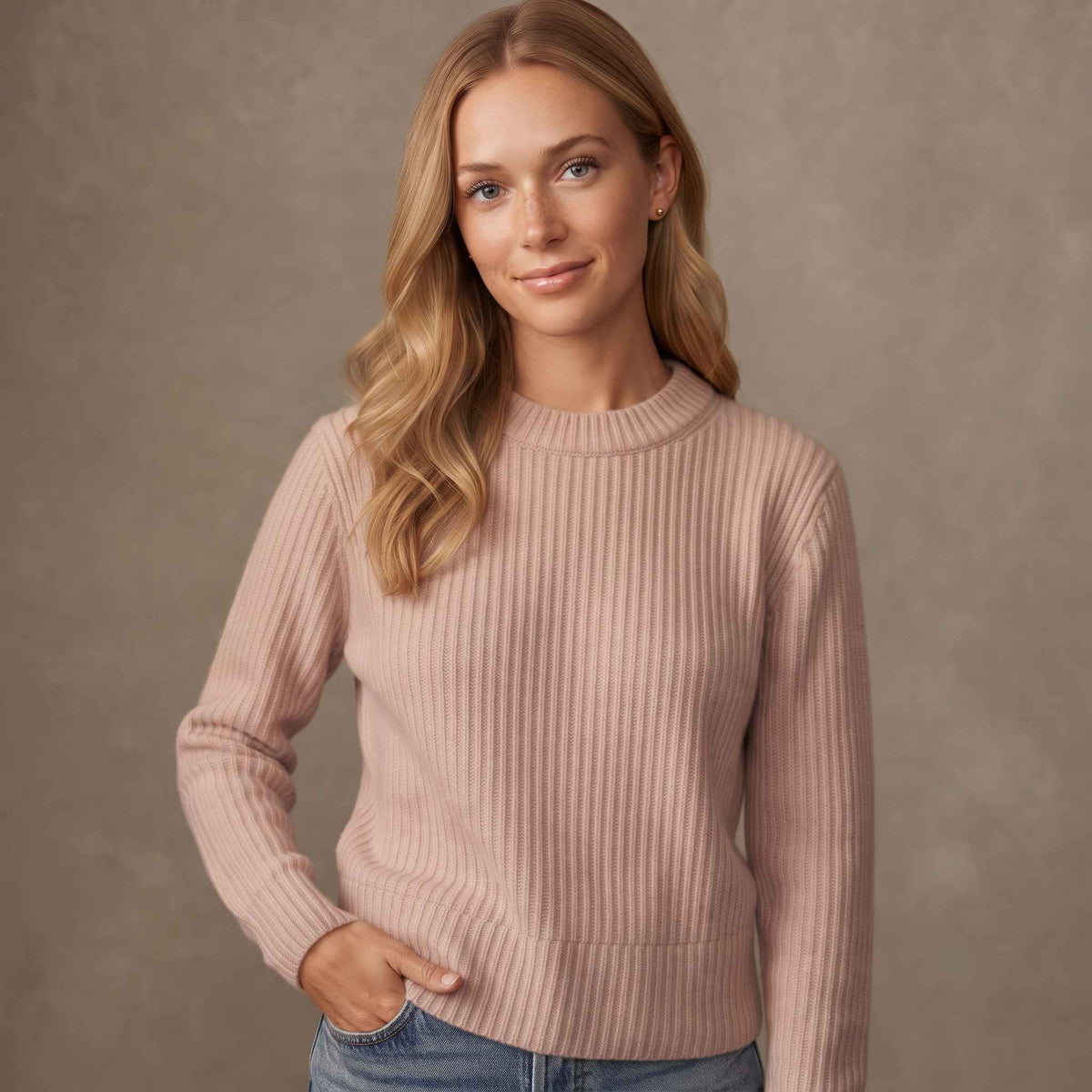 Women's heavyweight ribbed cashmere crewneck sweater in Blush Pink — view 4