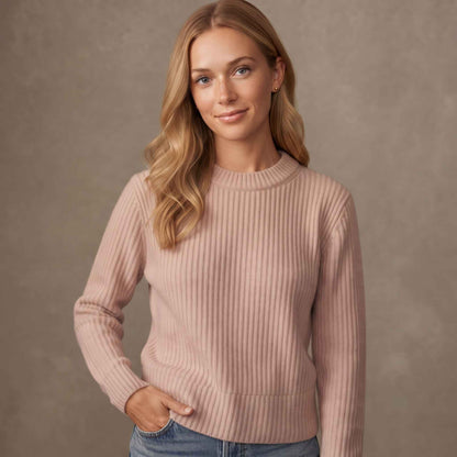 Women's heavyweight ribbed cashmere crewneck sweater in Blush Pink — view 4