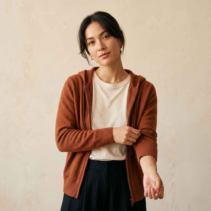 100% Cashmere Women's Zip Hoodie — 12-Gauge 2-Ply 16-Micron Himalayan Cashmere