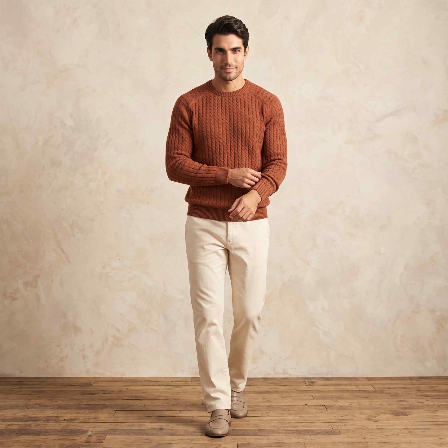 Men's cable-knit cashmere sweater, Atlas in Caramel - view 3
