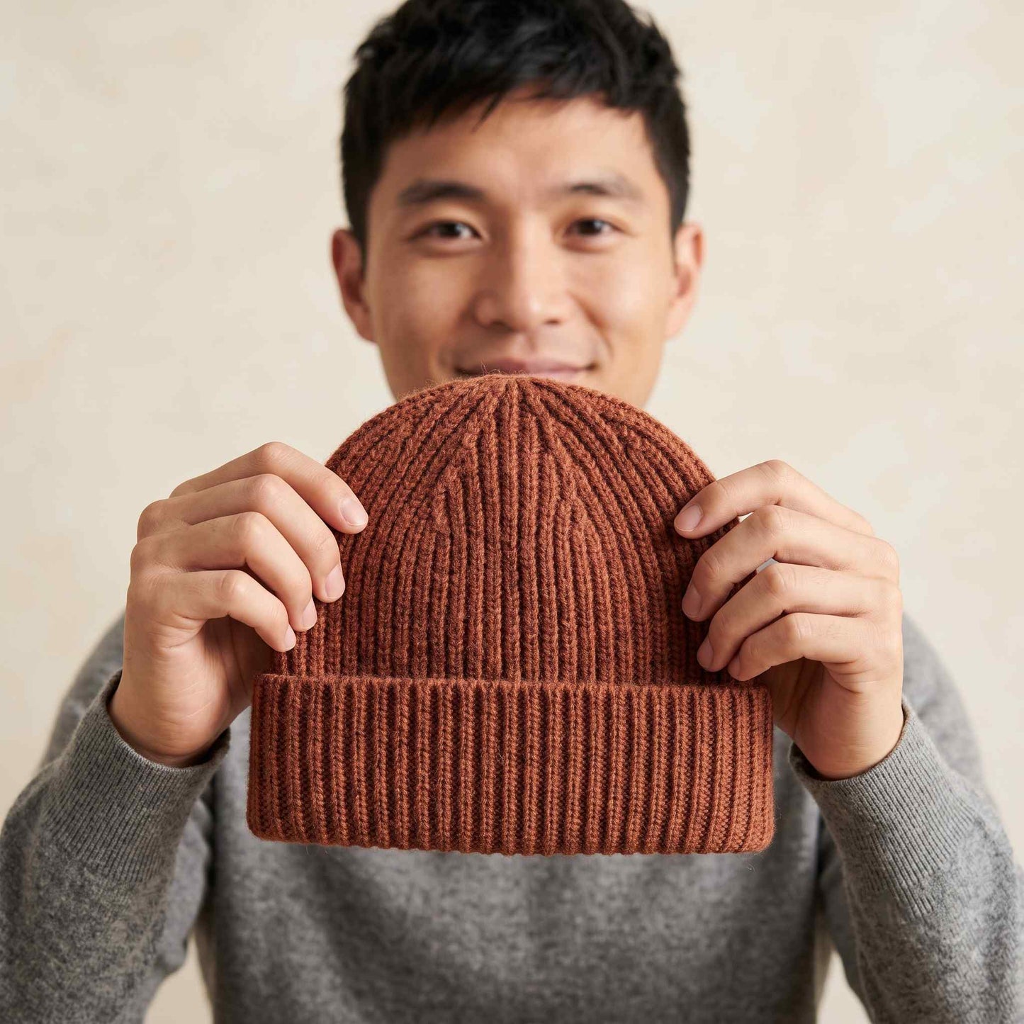 Men's hand-knit ribbed cashmere beanie, Noma in Caramel - view 3