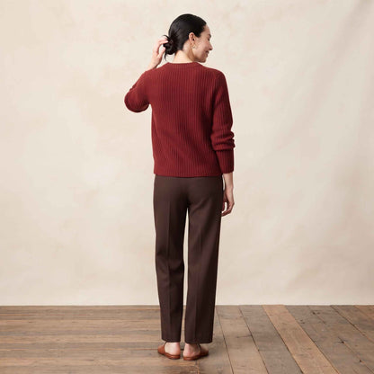 Women's heavyweight ribbed cashmere crewneck sweater in Red Wine — view 4