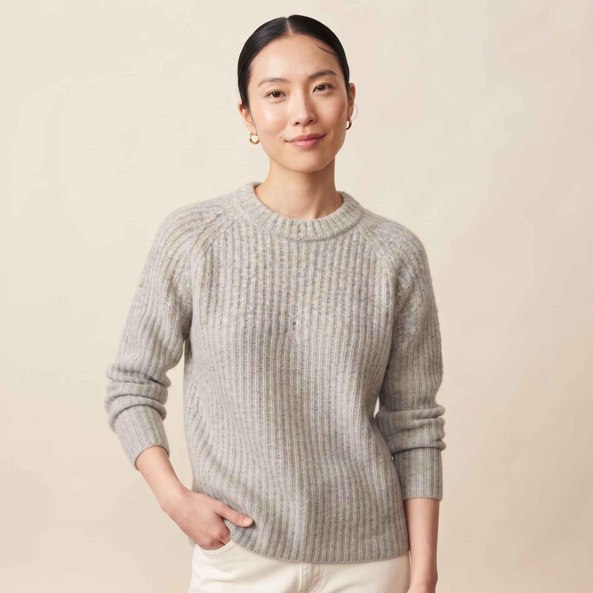 Women's Cashmere Sweater - Ella Ribbed in Light Grey Melange - view 2