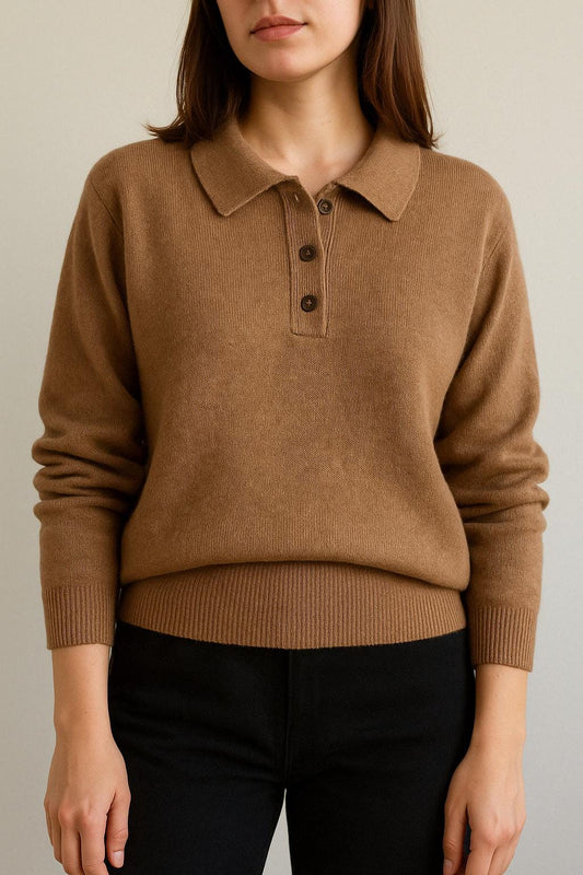 100% Pure Himalayan Cashmere Polo Sweater - Annapurna Collection Camel Brown