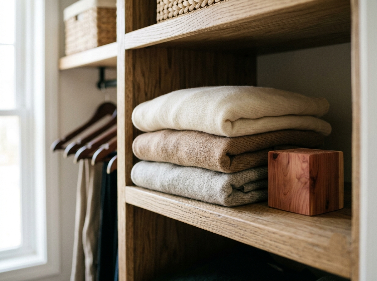 Folded undyed cashmere sweaters stored on a wooden shelf with a cedar block